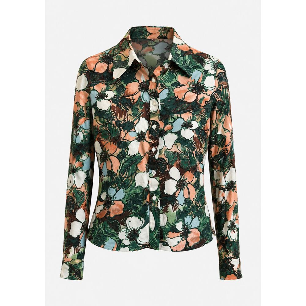 Vintage 70s Floral Print Button Up Blouse size S/M Fit Dagger Collar Statement - Picture 2 of 10